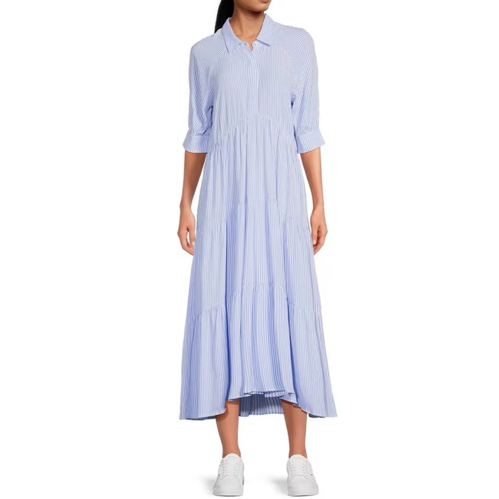 A Loves A Button Cuff Sleeve Tiered Waistless Midi Shirt Dress